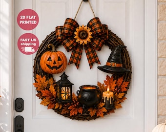 Gothic Halloween Wooden Door Hanger, Witch Raven Pumpkin Front Door Sign, Haunted House Entrance, Rustic Fall Wreath Decor