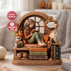 Bloque de madera personalizado "Just A Girl Who Loves Books" (Solo una chica que ama los libros), figura de niña leyendo con nombre personalizado, decoración para estantería de amantes de los libros.