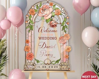 Stained Glass Floral Wedding Sign, Forever In Love Wedding Welcome Sign, Woods Or Frosted Acrylic Wedding Entrance Sign