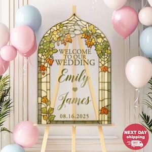 Personalized Stained Glass Wedding Welcome Sign – Custom Floral Arch Sign with Names & Date, Elegant Entrance Décor