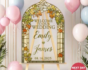 Personalized Stained Glass Wedding Welcome Sign – Custom Floral Arch Sign with Names & Date, Elegant Entrance Décor