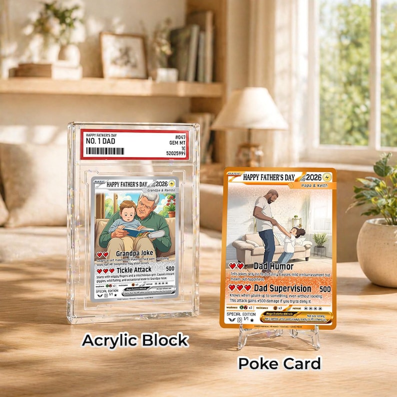 May include: Two collectible cards for Father's Day. One card is encased in a clear acrylic block, labeled "NO. 1 DAD." The other card is displayed on a clear stand. Both cards feature illustrations and text, including "Happy Father's Day 2026."
