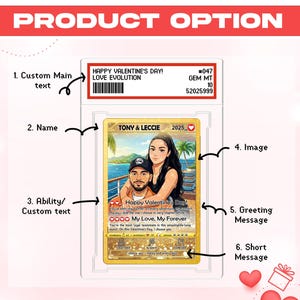 May include: A Valentine's Day card featuring a couple on a tropical background. The card includes the text "HAPPY VALENTINE'S DAY! LOVE EVOLUTION" and "TONY & LECCIE 2025". The card also has a message that reads "My Love, My Forever".