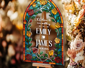 Custom Rose Stained Glass Style Wedding Sign, Personalized Wedding Welcome Sign, Acrylic or Wood Entrance Sign, Romantic Wedding Decor