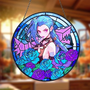 Glass Suncatcher Jinx Arcane Stained - Gamer Gift, LOL Merchandise, Arcane Fan Decor, Powder Ornament, Window Hanging Gift