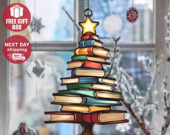 Christmas Book Tree Suncatcher Ornament, Book Gift, Book Lover Gift, Christmas Tree Bookish Gift, Librarian Gift, Exchange Gift