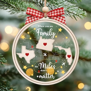 Familie ornament staten, mijlen uit elkaar ornament, familieliefde kent geen afstand ornament, familie kerst ornament, staat locatie ornament