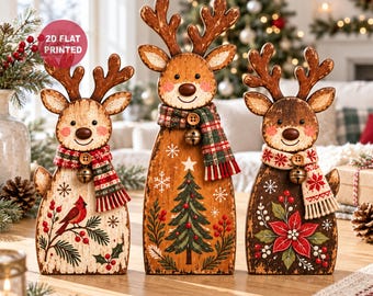 Vintage Wooden Reindeer Christmas Block, 2D Flat Rustic Farmhouse Figurine, Tiered Tray Decor, Winter Forest Xmas Hostess Gift