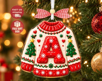 Personalized Christmas Sweater Ornament With Initial, Custom Family Christmas Ornament, Mini Sweater Acrylic Christmas Tree Decor