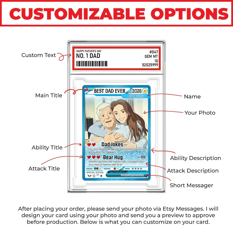 May include: A customizable Father's Day card featuring the text "NO. 1 DAD" and "BEST DAD EVER 2026". The card includes space for a photo and personalized text, with a blue and white design. The card is encased in a protective holder.