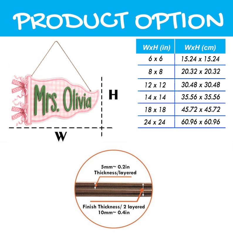 May include: A pennant-shaped wall sign with a pink and white gingham pattern, featuring the green text Mrs. Olivia. It includes a hanging string, pink ribbons, and a chart listing sizes from 6x6 inches to 24x24 inches, plus a 0.2-inch layer thickness.