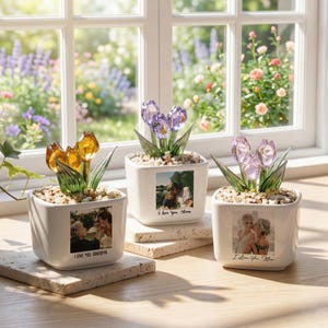 Könnte beinhalten: Drei dekorative Blumenarrangements in weißen quadratischen Töpfen. Jeder Topf zeigt ein Foto und den Text "I Love You, Grandma" oder "I Love You, Mom". Die Blumen sind aus Glas und in Gelb, Lila und Lavendel gehalten.