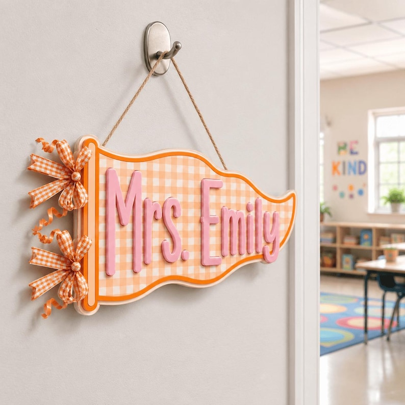 Personalized Teacher Name Sign, Custom Acrylic Classroom Magnet, Teacher Desk Decor, Gingham Pennant Nameplate, Back to School Gift 4