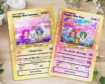 Personalized PKM Anniversary Card, Love Card for Couples, Boyfriend Gift, Girlfriend Gift, Cute Retro. Gamer Valentine Keepsake