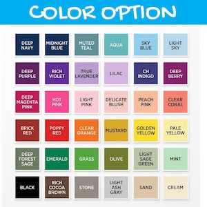 May include: A color chart featuring thirty-six square swatches arranged in a six-by-six grid, each labeled with its corresponding color name including deep navy, midnight blue, muted teal, aqua, sky blue, light sky, purple, pink, red, and others.