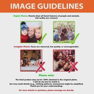May include: An image with the text "IMAGE GUIDELINES" at the top. The image shows examples of eligible and ineligible photos, with checkmarks and X marks. Text below states the final product may not be 100% identical to the original photo.