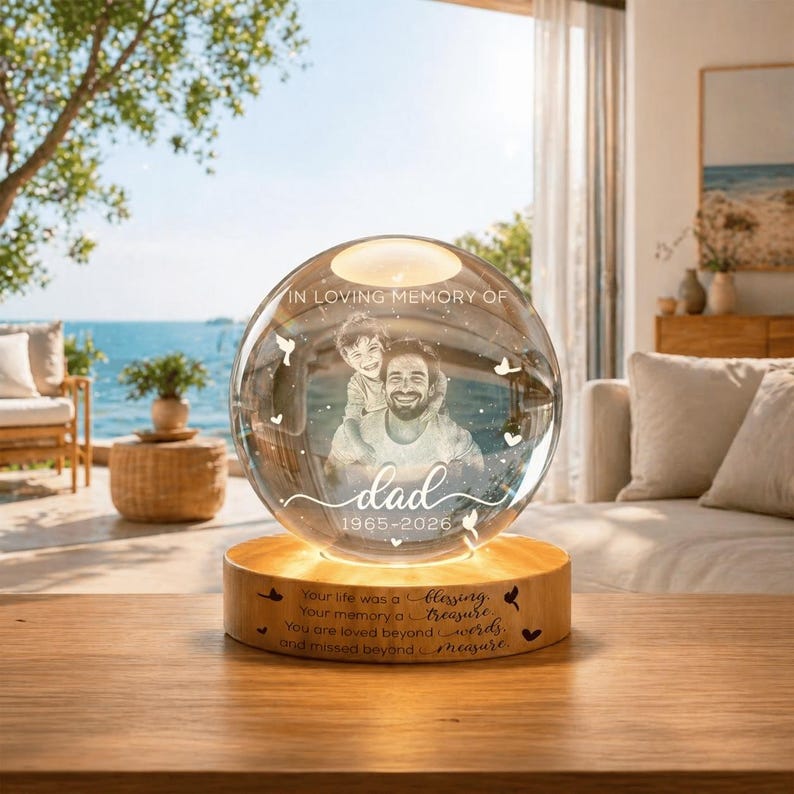 Custom 3D Photo Crystal Ball Light, Loss of Father Gift, Dad Memorial Gift, Sympathy Remembrance Keepsake, First Fathers Day in Heave image 9