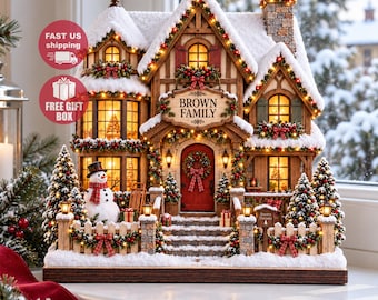 Personalized Family Christmas House Wooden Block, Custom Snow Cottage Decor, Christmas Village Sign, Rustic Winter Shelf Sitter