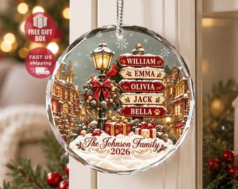 Personalized Family Names Christmas Ornament, Custom Name Signpost Glass Ornament, Family Keepsake 2026, Family With Pets Ornament