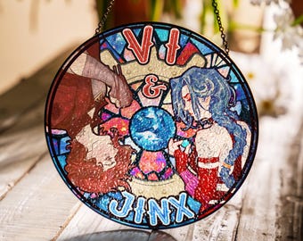 Adorno de vidrio con diseño de Vi y Jinx inspirado en los arcanos, con vidriado, ideal como regalo para gamers, fans de League of Legends, arte inspirado en hermanas, regalo para parejas.
