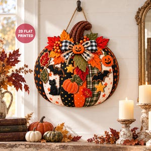 Fall Wooden Pumpkin Patchwork Plaid Hanging Signs, Rustic Wood Halloween Wall Decor, Farmhouse Harvest Front Door Ornament