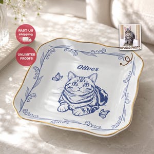 Custom Pet Jewelry Dish, Pet Memorial Jewelry Dish, Custom Dog Cat Portrait Birth flower Ring Dish, Toile De Jouy Pet Ring Dish