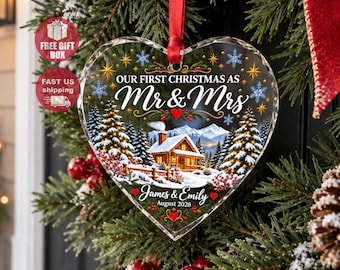 First Christmas Married Ornament, Custom Mr and Mrs Keepsake Personalized Winter Cabin ornament Newlywed Gift, Couple Ornament Gift for Wife