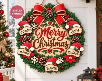 2D Personalized Christmas Door Sign, Custom Name Wooden Wreath Merry Xmas Wall Hanging Holiday Porch, Red Bow Xmas Decor Gift
