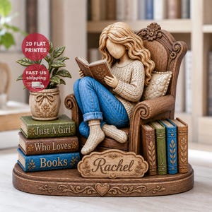 Personalized Wooden Book Lover Block, Just A Girl Who Loves Books Wooden Figurine, Library Decor, Reader Shelf Decoration, Book Lover Gift