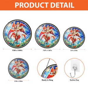 May include: Circular stained glass art pieces in various sizes, featuring a detailed illustration of a figure with red wings and a white outfit. The sizes range from 3.94 x 3.94 inches to 9.84 x 9.84 inches. Includes a suction cup and a hanging chain.