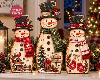 Vintage Wooden Snowman Christmas Blick, 2D Flat Rustic Farmhouse Figurine, Tiered Tray Mantel Decor, Winter Xmas Hostess Gift