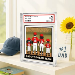 Papá, abuelo, hombre y niños, número 1 del béisbol, estilo tarjeta coleccionable del Día del Padre, placa acrílica personalizada del equipo de ensueño de papá.