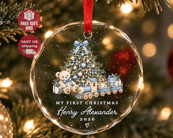 Personalized Baby Boy First Christmas Ornament, Custom Name and Year Train Keepsake, Teddy Bear Newborn Christmas 2026 Gift