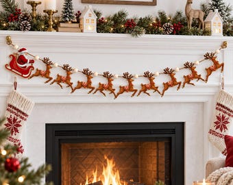 Wooden Christmas Garland, Rustic Holiday Mantel Decor, Farmhouse Fireplace Wood Bead Banner, Santa & Reindeer Bunting, Winter Home Decor