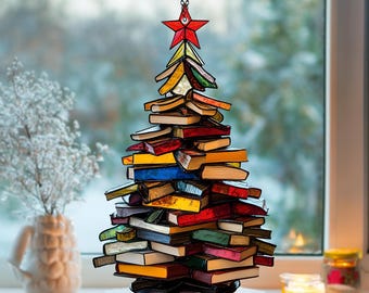 2D Flat Christmas Book Tree Suncatcher Ornament, Christmas Tree Book Club Gifts, Christmas Ornaments, Book Lover Gift, Exchange Gift.