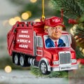 Personalized Trump Make America Great Again 2024 Garbage Truck 2D Flat Ornament, Trump Truck Ornament, Donald Trump Boards A Garbage Truck