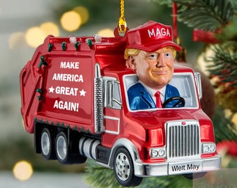 Personalized Trump Make America Great Again 2024 Garbage Truck 2D Flat Ornament, Trump Truck Ornament, Donald Trump Boards A Garbage Truck