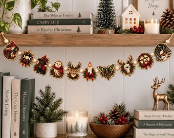 Yule Wooden Garland, Witchy Woodland Christmas Garland, Pagan Winter Solstice Banner, Gothic Folk Art Decor, Rustic Christmas Mantel Decor