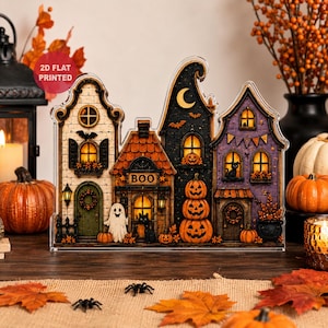 Halloween Wooden Block Village, Spooky Ghost Pumpkin House Shelf Sitter, Fall Table Decor, Witch Cat Tiered Decor, Halloween Gift