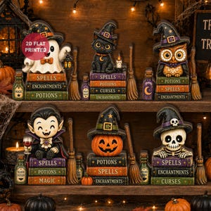 Halloween Decor Wooden Block, Retro for Shelf Decor, Owl, Ghost, Pumpkin, Black Cat, Skeleton