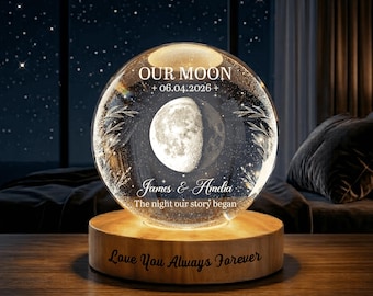 Personalized Moon Phase Gift Crystal Ball Night Light, Anniversary Gift for Couple, Our Moon Anniversary, Custom Couple Christmas Gifts