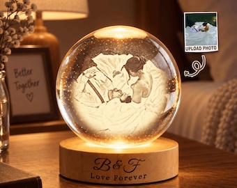 Personalized Crystal Ball Night Light Photo Portrait, Engraved Crystal Photo With Light, Custom Crystal Photo Anniversary Gift For Him/Her