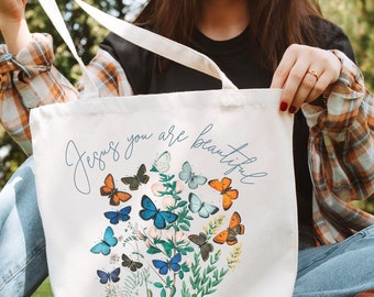 Boho Christian Cotton Canvas Tote Jesus You Are Beautiful Gift for Her Religious Gift Christian Gift Bag Reusable Bag Grocery Bible Verse