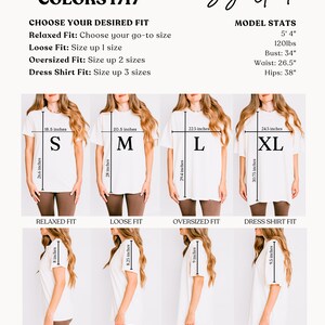 May include: A size guide for a t-shirt with different fit options: relaxed, loose, oversized, and dress shirt. The guide shows a model wearing each fit with measurements in inches. The model is 5'4" and 120 lbs. The bust measurement is 34", waist is 26.5", and hips are 38".