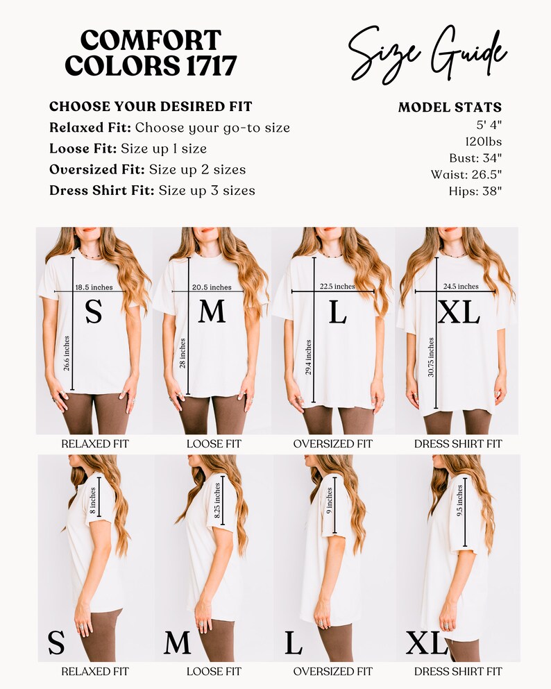 May include: A size guide for a t-shirt with different fit options: relaxed, loose, oversized, and dress shirt. The guide shows a model wearing each fit with measurements in inches. The model is 5'4" and 120 lbs. The bust measurement is 34", waist is 26.5", and hips are 38".