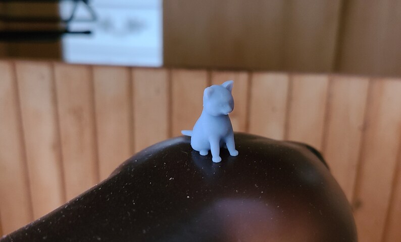 Op de afbeelding: Een klein, lichtblauw 3D-geprint beeldje van een kat die op een donkerbruin oppervlak zit.