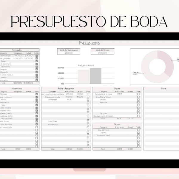 Wedding Budget Spanish Spreadsheet Presupuesto de boda Hoja de cálculo para bodas Planificador de bodas Organizador para Novias Plantillas