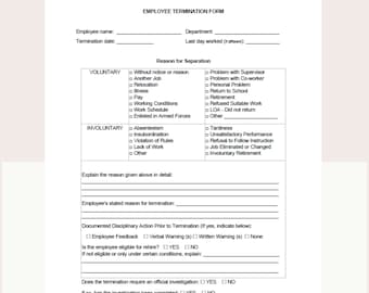 Employee Termination Form Human Resources Template Printable Termination Form Editable Template HR