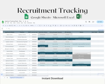 Spreadsheet to track applicants Recruitment Tracker Sheet for Human Resources recruiting spreadsheet google sheets blue and microsoft excel