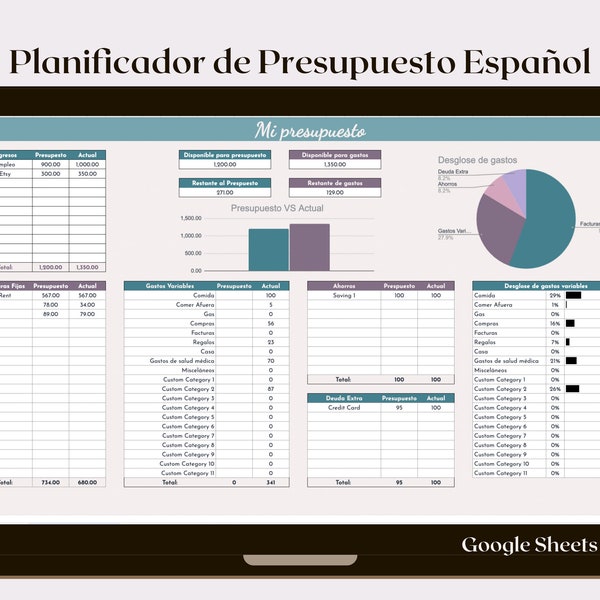 Planificador de Presupuesto Español Plantilla para ahorrar dinero Hoja de Cálculo Planificación de finanzas personales ahorro de dinero